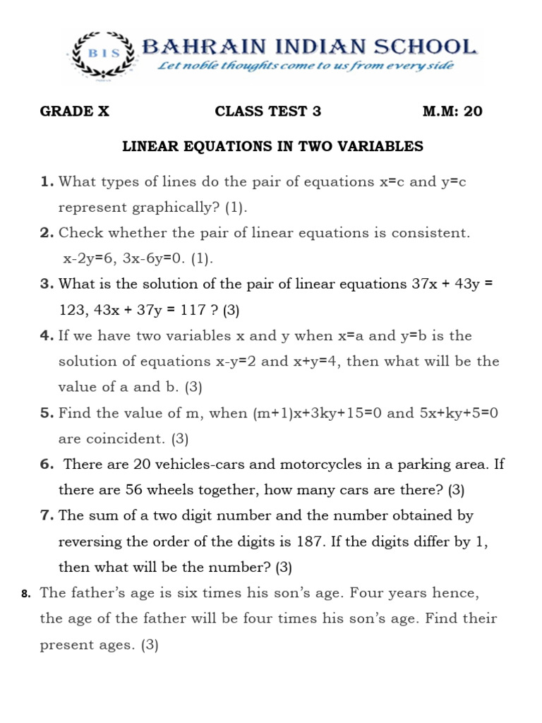 Grade X Linear Equations Test Questions | PDF