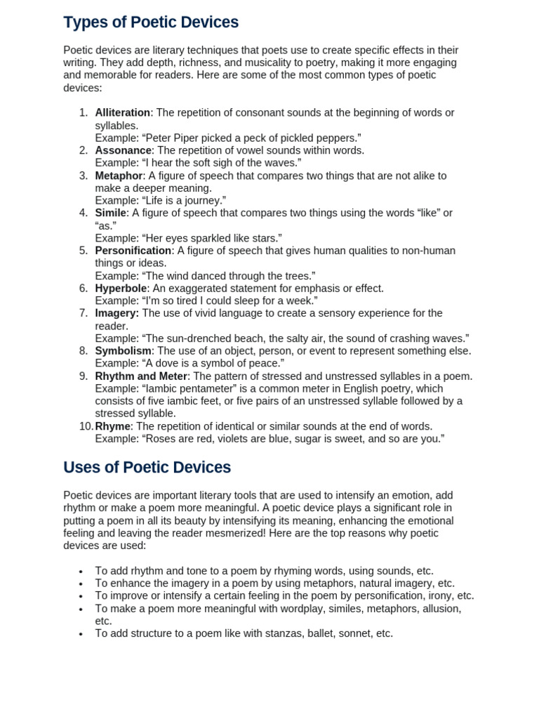 Types of Poetic Devices | PDF | Poetry | Metre (Poetry)