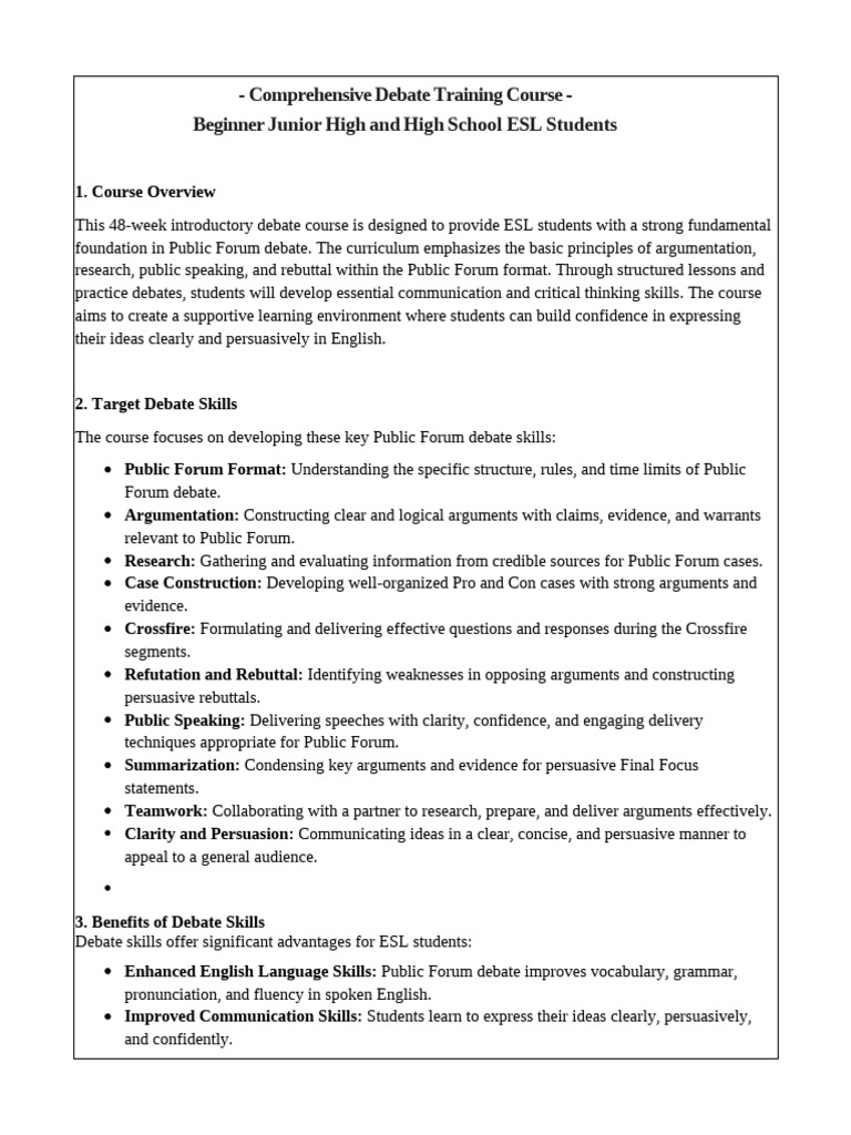 ESL Public Forum Debate Training Course | PDF | Public Speaking ...