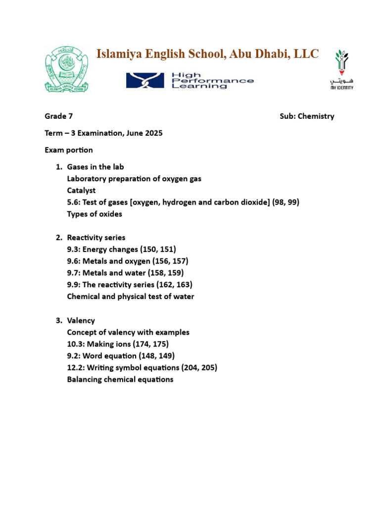 Grade 7 Chemistry Exam Guide 2025 | PDF