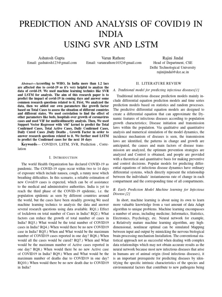 Prediction and Analysis of Covid19 in India Using SVR and LSTM | PDF ...