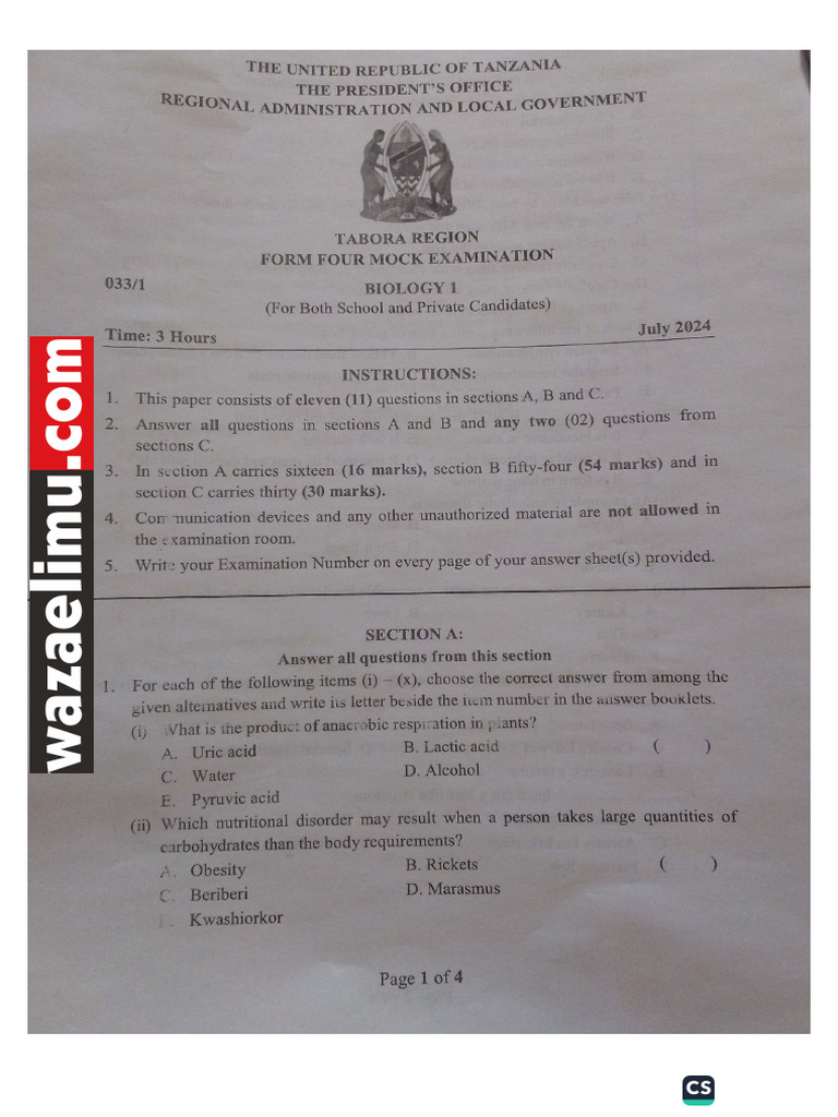 bio 1 - WAZAELIMU.COM | PDF