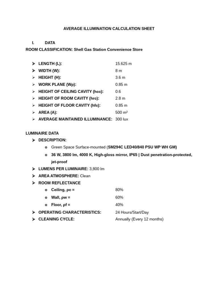 I.S. Average Illumination Calculation Sheet | PDF | Lighting | Light