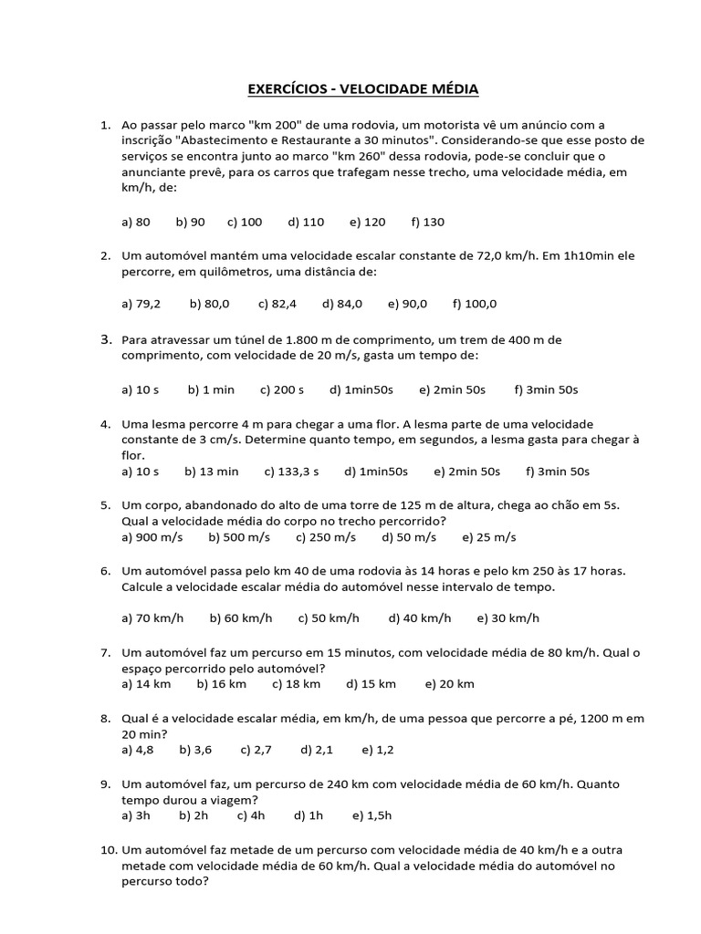 Exercícios de Cálculo de Velocidade Média | PDF