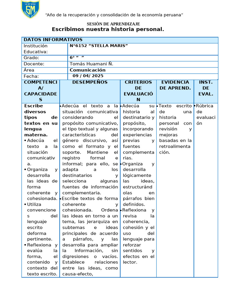 Sesion 2 Comunicacion Escribimos Nuestra Historia Personal Pdf