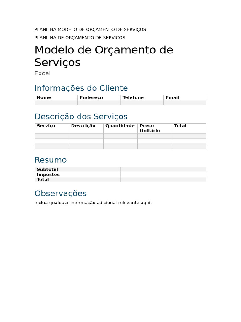 Modelo de Orçamento de Serviços Excel | PDF
