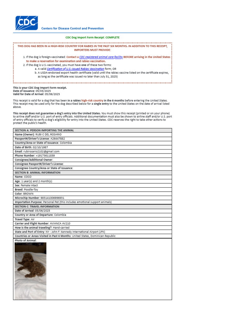 CDC Dog Import Receipt for Coco | PDF | Dogs | Rabies
