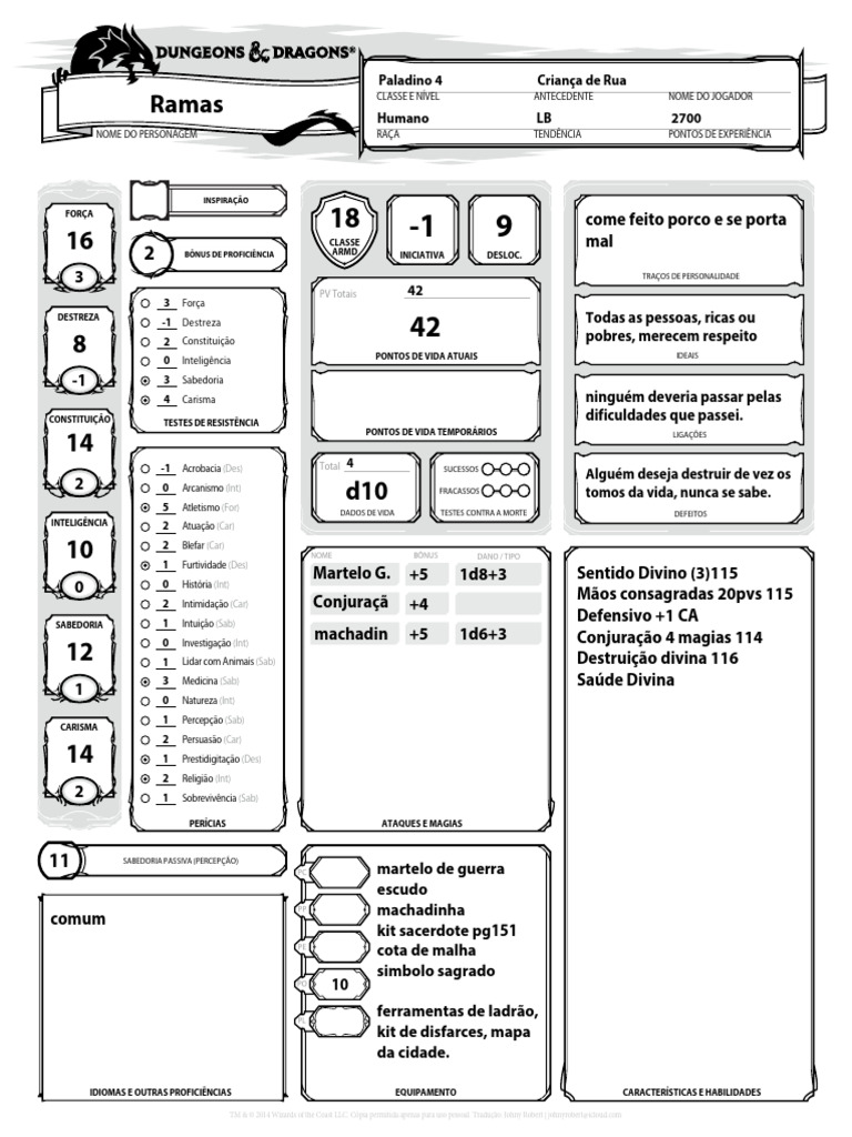 Ficha de Personagem: Paladino Ramas | PDF