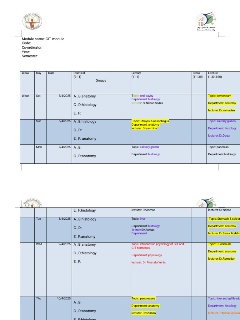 GIT Module Schedule and Topics 2025 | PDF | Stomach | Gastrointestinal ...