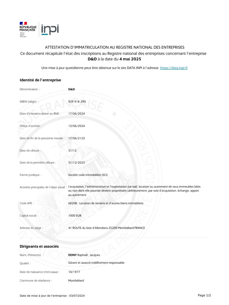 Immatriculation de l'entreprise D&D au RNE | PDF | Business