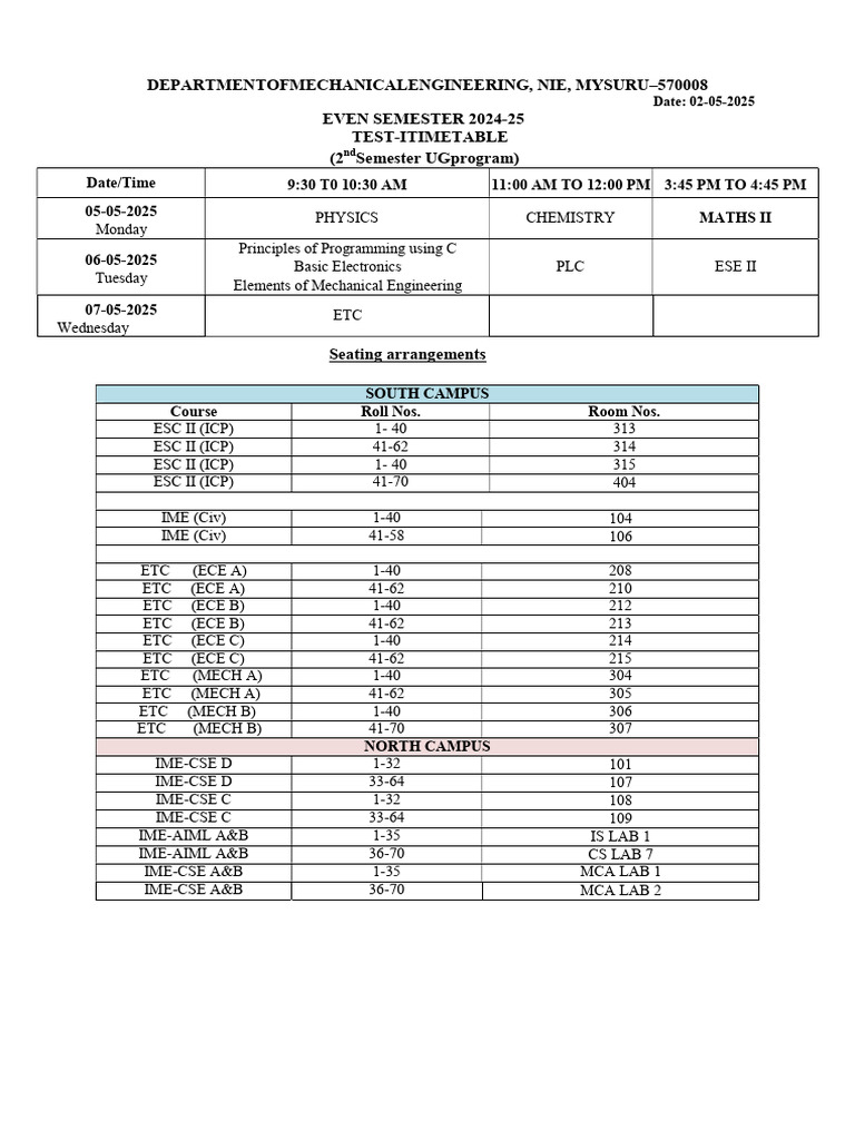 Mechanical Engineering Test Timetable 2025 | PDF | Physical Sciences ...
