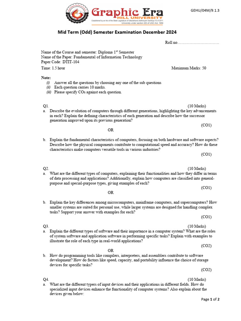 Diploma IT Fundamentals Exam December 2024 | PDF | Operating System ...