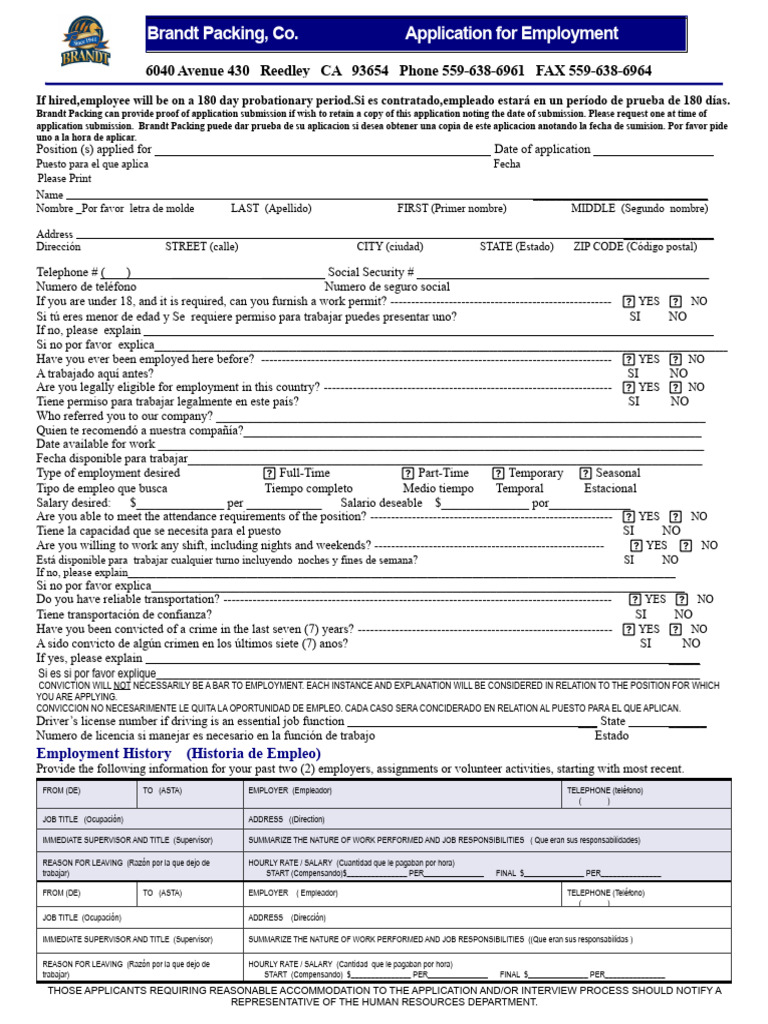 Brandt Packing, Co. Application For Employment | PDF
