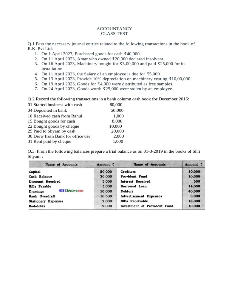 Journal Entries and Cash Book Test | PDF