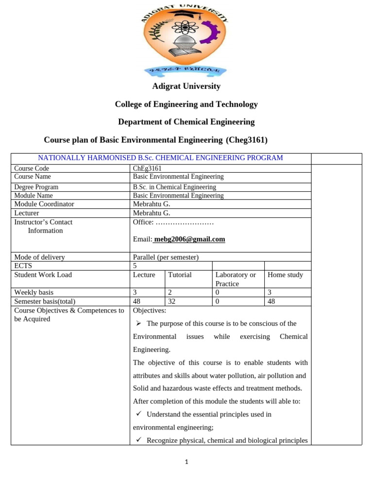 Basic Environmental Engineering Course Plan | PDF | Sewage Treatment ...