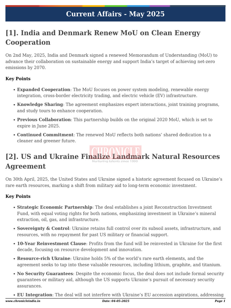 May 2025 Current Affairs Summary | PDF | Emergency Management ...
