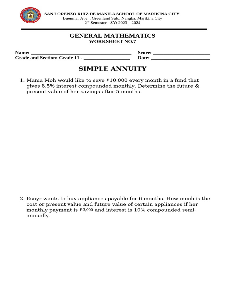 General Math Worksheet: Simple Annuity | PDF