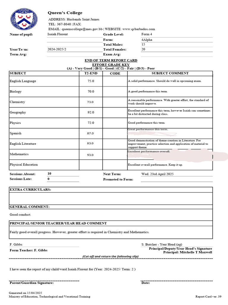 Form 4 End of Term Report Card | PDF