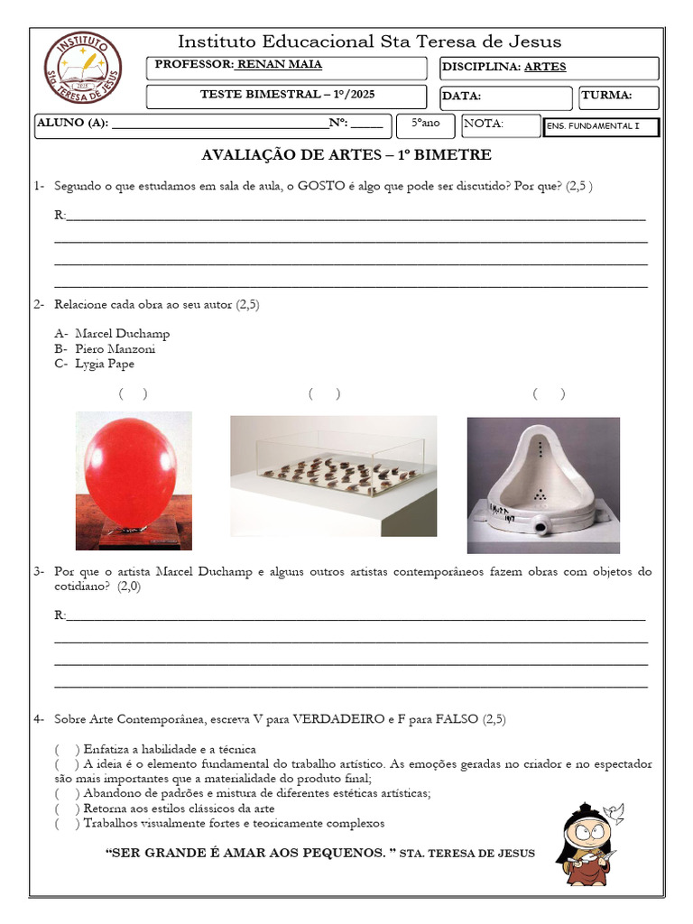 Avaliação de Artes - 5º Ano 1º Bimestre | PDF