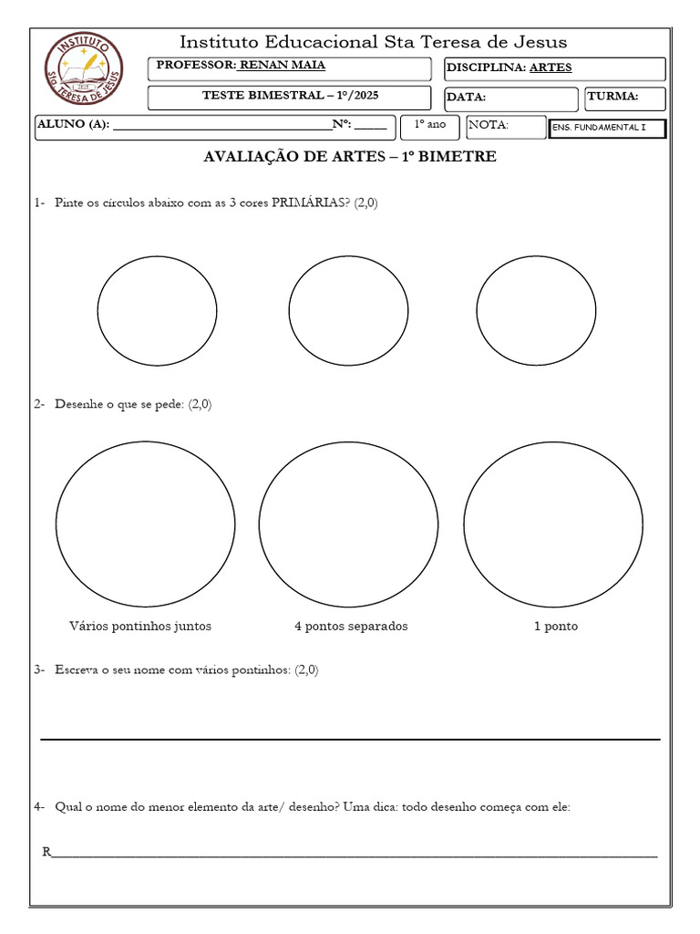 Avaliação de Artes - 1º Bimestre | PDF