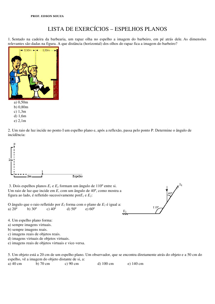 Exercícios sobre Espelhos Planos | PDF | Espelho | Reflexão (Física)