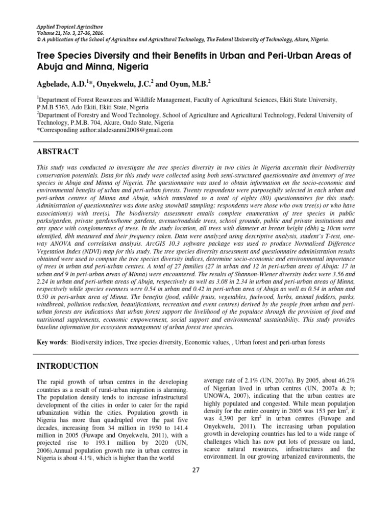 Tree Species Diversity and Their Benefits in Urban and Peri-Urban Areas ...