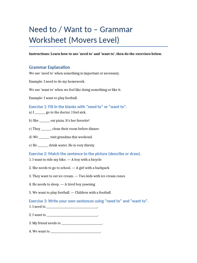 Need to vs. Want to Worksheet | PDF
