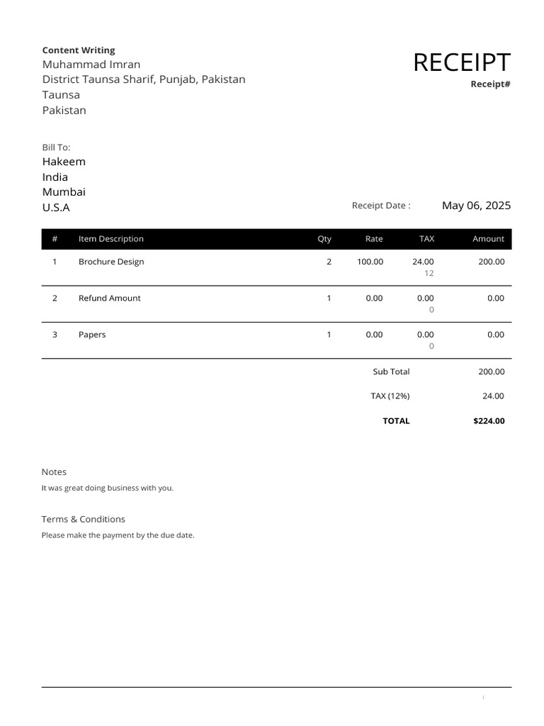 Receipt for Brochure Design Services | PDF