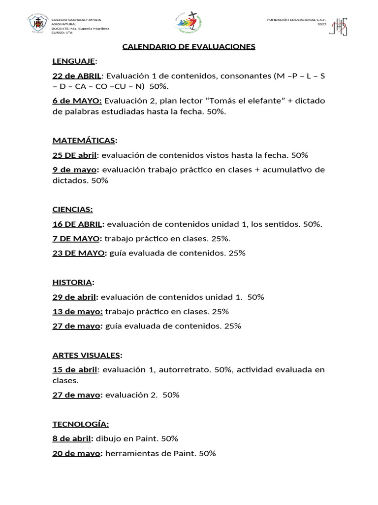 Calendario de Evaluaciones 1ºA 2025 | PDF