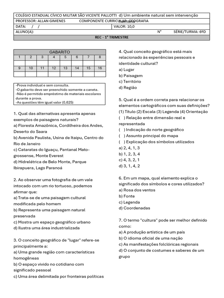 Prova de Geografia 6ºD - 1º Trimestre | PDF | Geografia | Paisagem