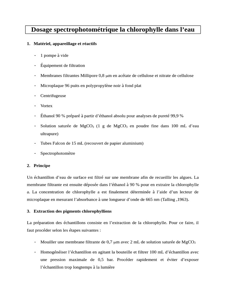 Dosage de chlorophylle par spectrophotométrie PDF Chlorophylle L — free download