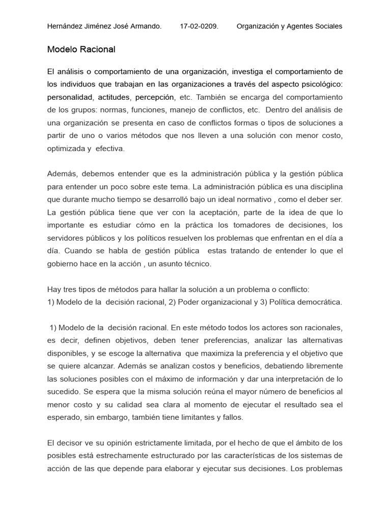 Modelo Racional en Decisiones Organizacionales | PDF | Racionalidad ...