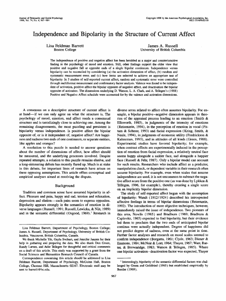 Independence vs. Bipolarity in Affect | PDF | Statistical Analysis ...