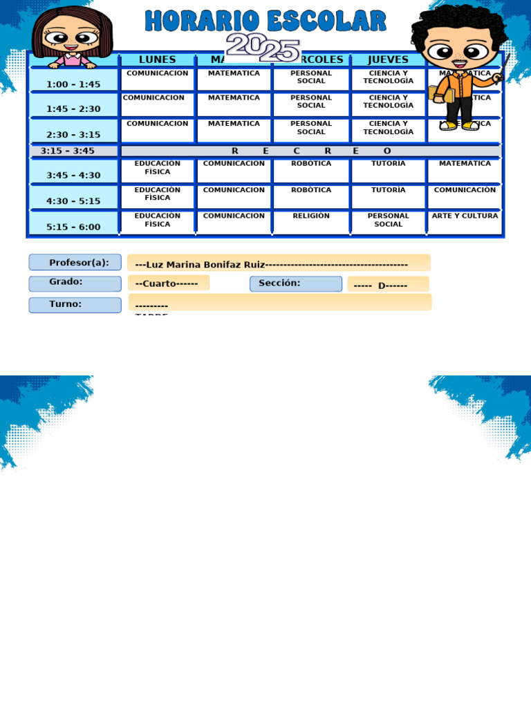 Horario de Clases Cuarto Grado Tarde | PDF