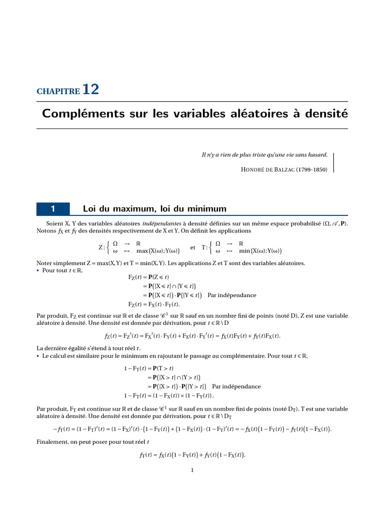 Variables aléatoires : max, min et densités | PDF | Limite ...