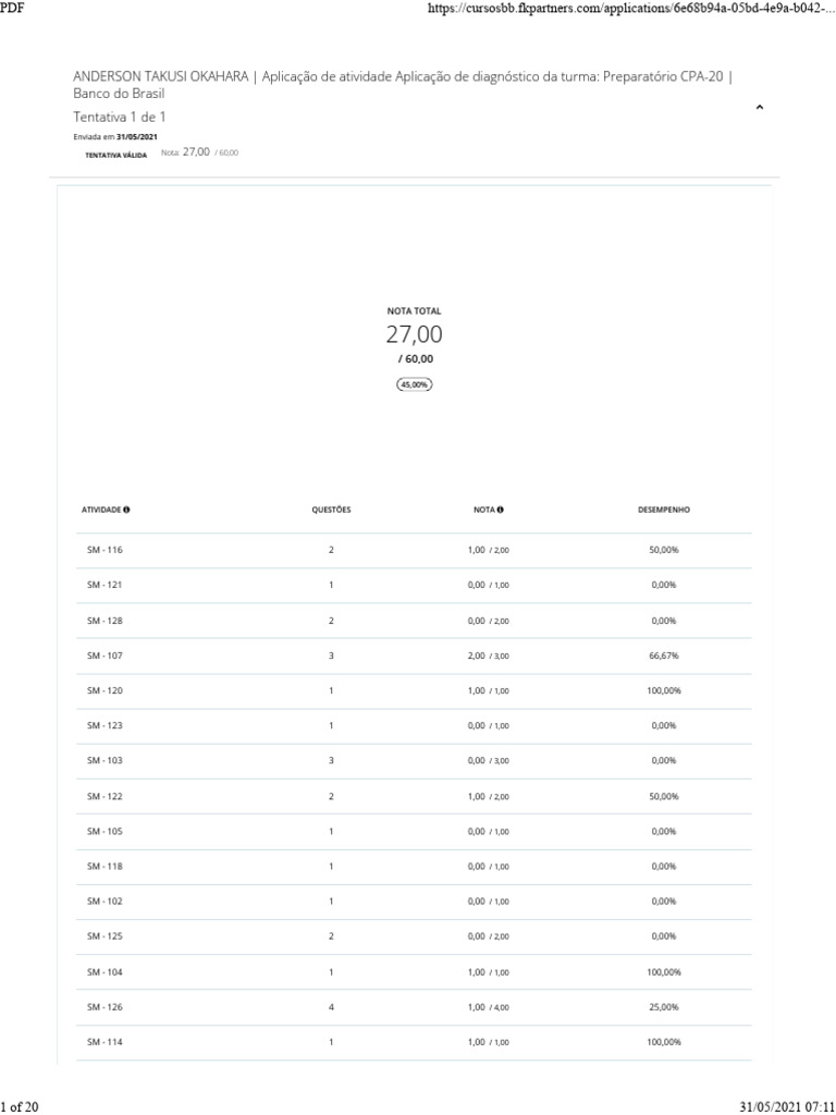 Desempenho na Avaliação CPA-20 BB | PDF | Fundos mútuos | Investimentos