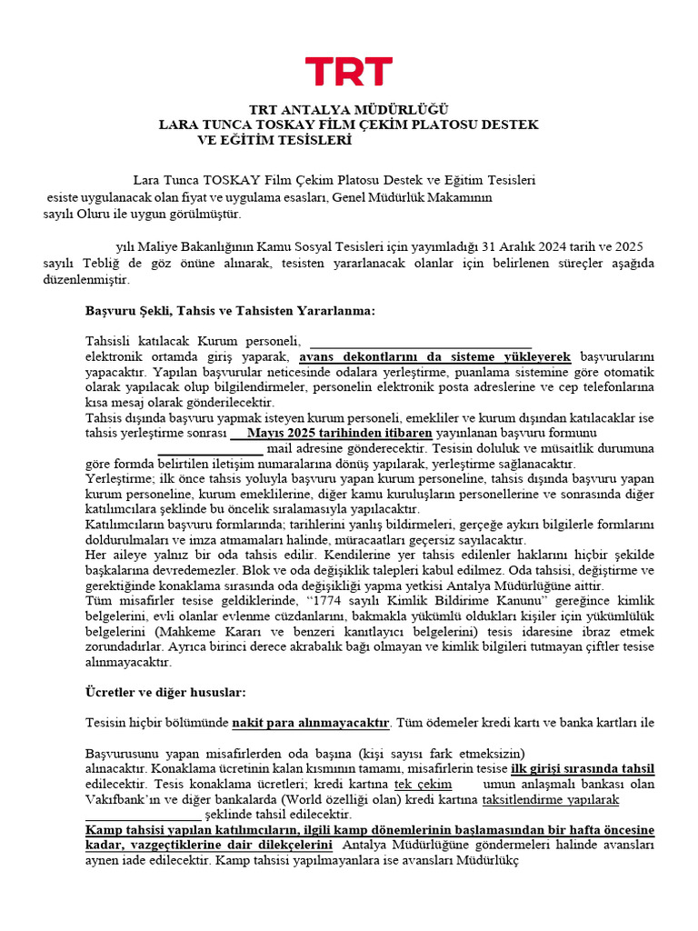 2025 Sezonu TRT Antalya Lara Tesisleri Duyurusu | PDF