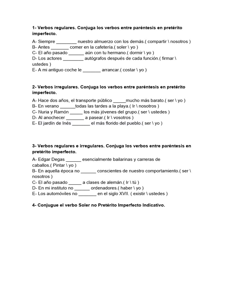 Ejercicios de Pretérito Imperfecto | PDF