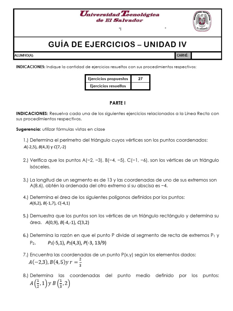 Guía de Ejercicios Unidad Iv Mate 1 | PDF | Pendiente | Línea (geometría)