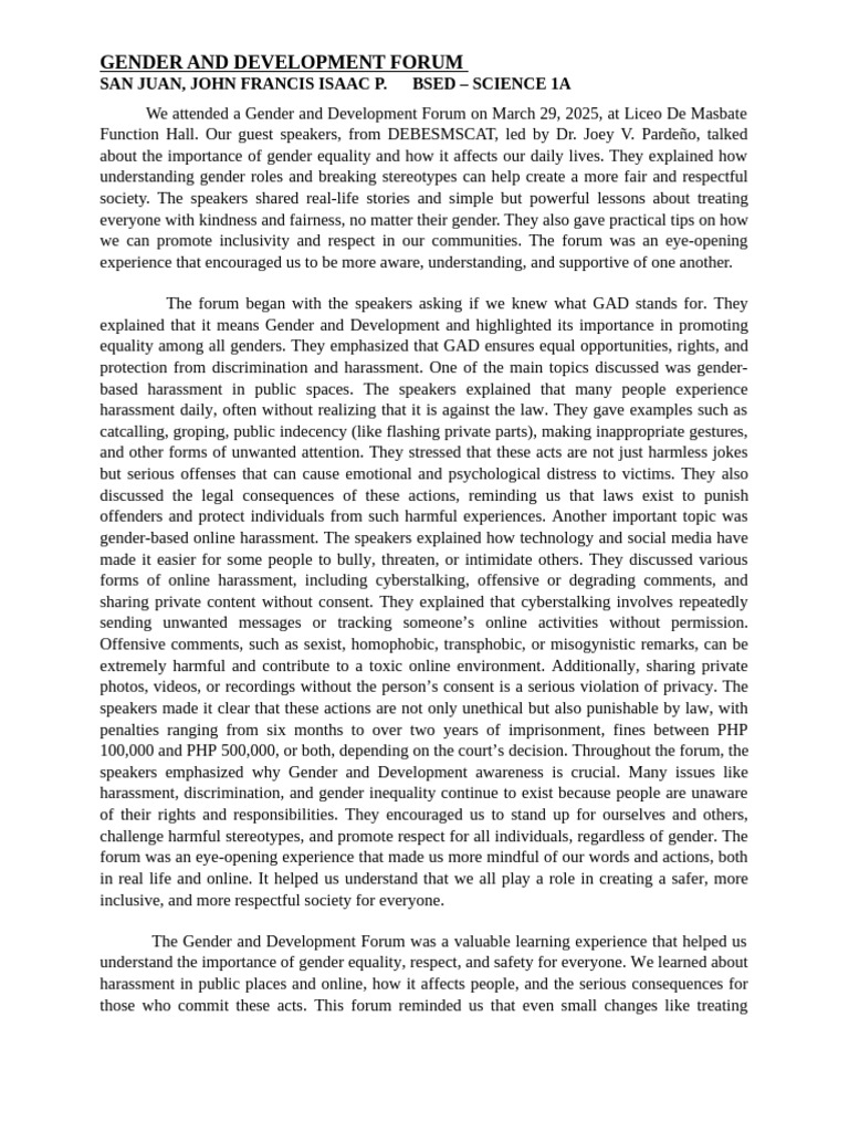 Gender Equality Insights from Forum | PDF | Harassment | Gender And ...
