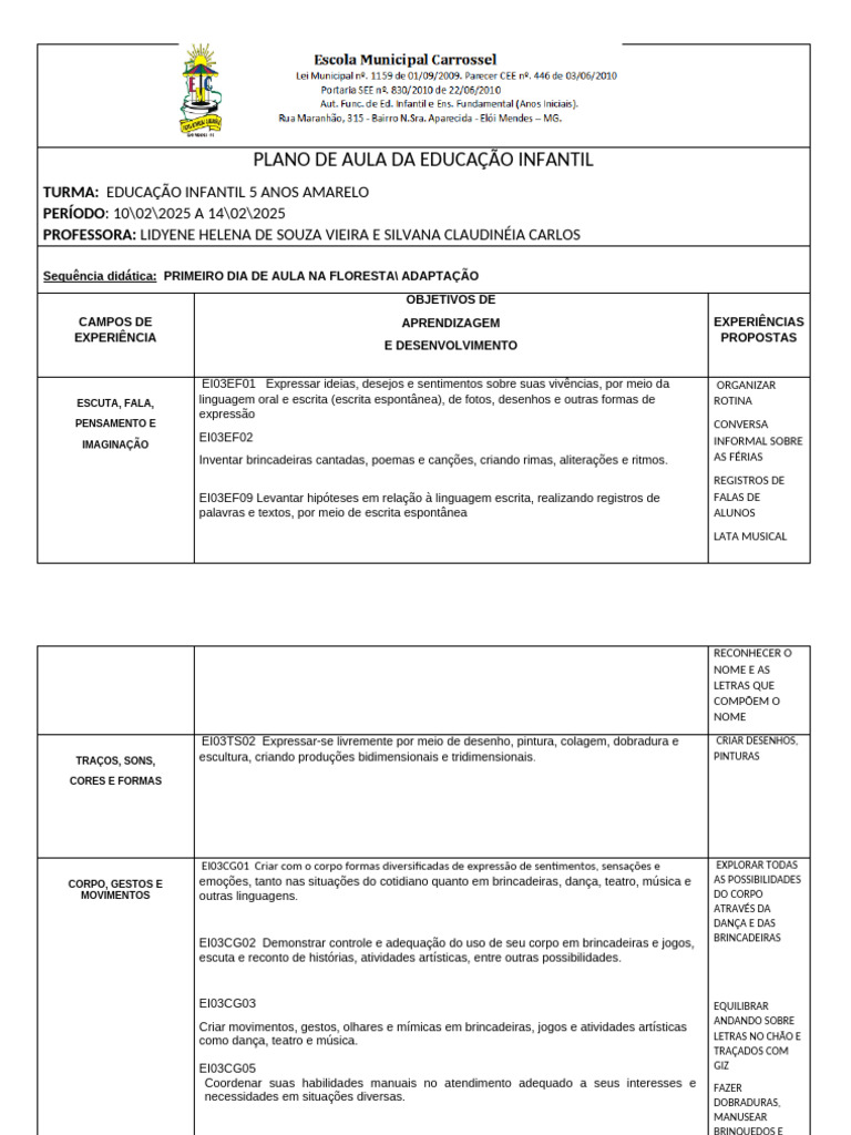 Plano de Aula: Educação Infantil 5 Anos | PDF | Recreação | Danças