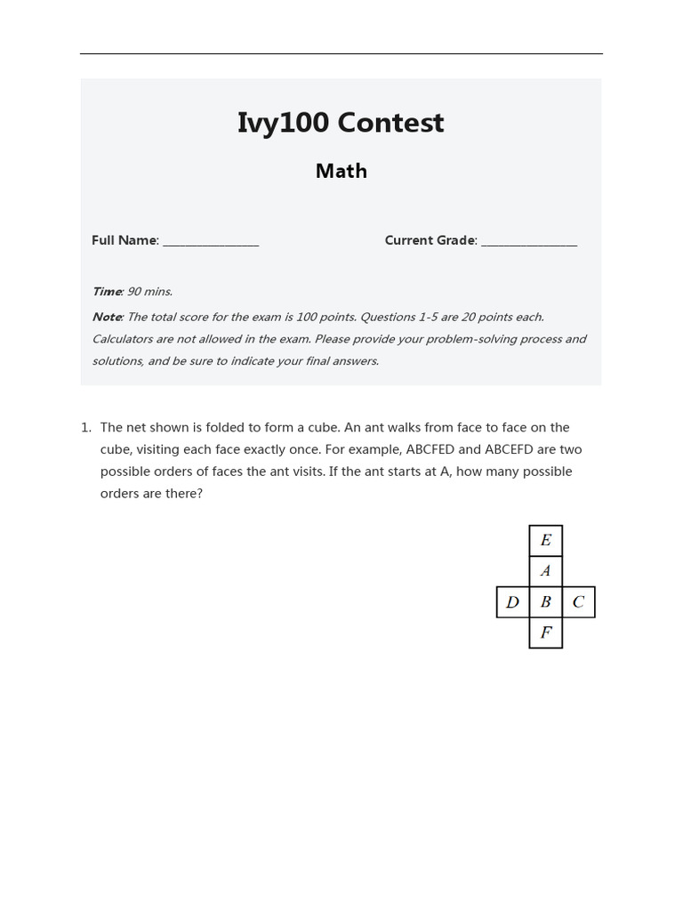 Ivy100 Math Contest Problem Set | PDF