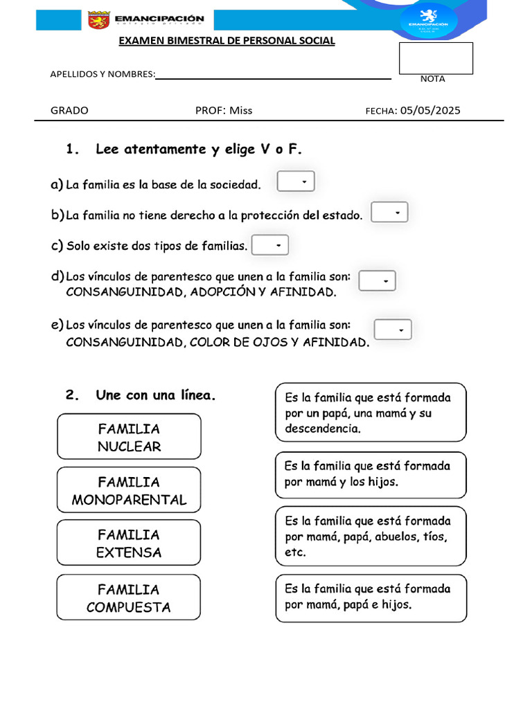 Examen Bimestral de Personal Social 4to Primaria | PDF