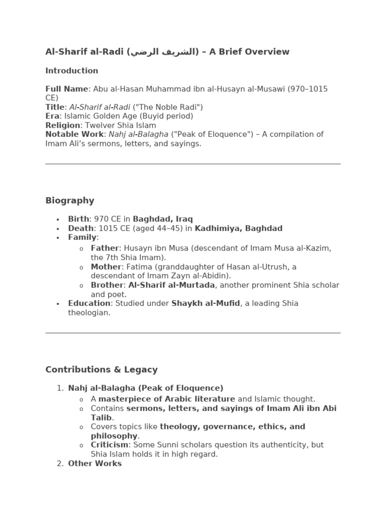 Al-Sharif al-Radi: A Shia Scholar's Legacy | PDF