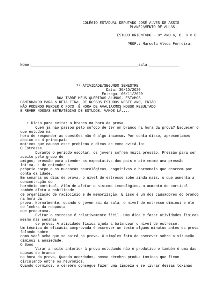 Atividades de Estudo Orientado 8º Ano | PDF | Cérebro | Aprendizado