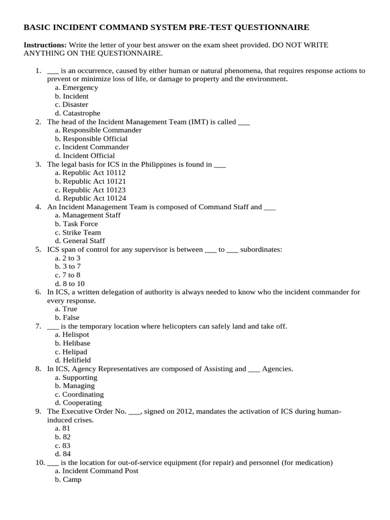 ICS Basic Pre-Test Questionnaire | PDF | Incident Command System ...