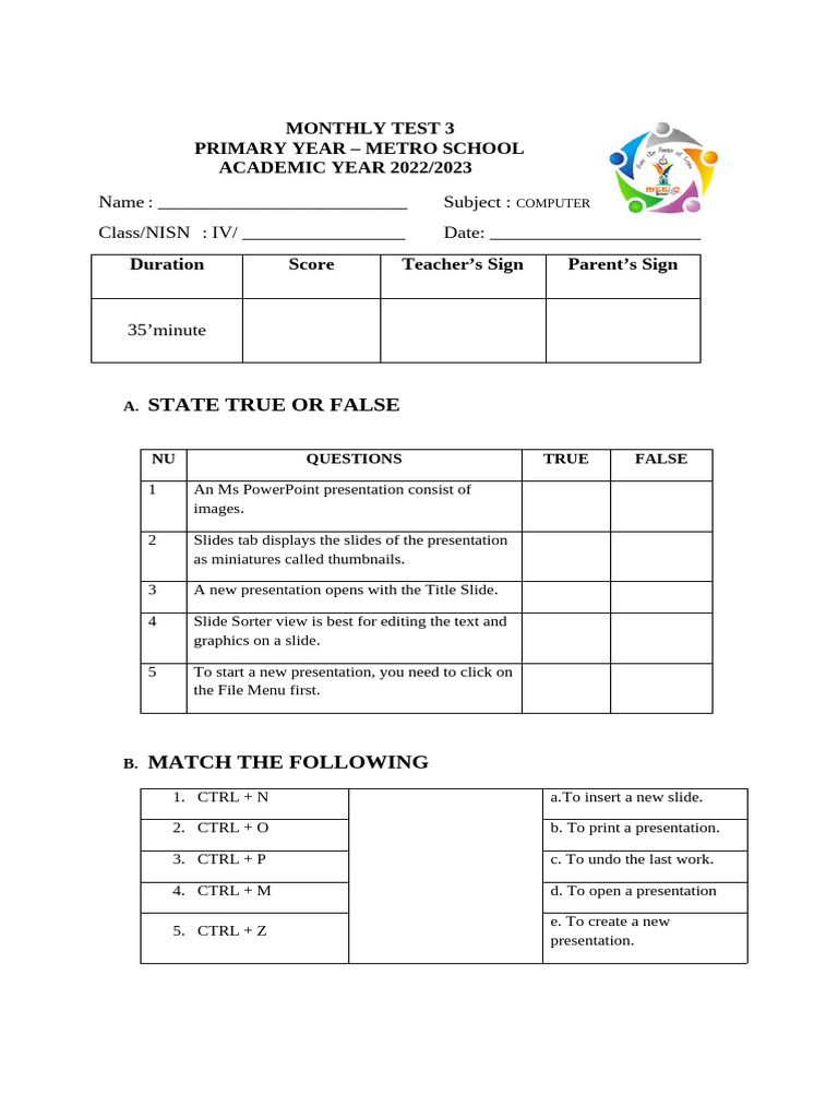 Monthly Computer Test for Grade IV | PDF