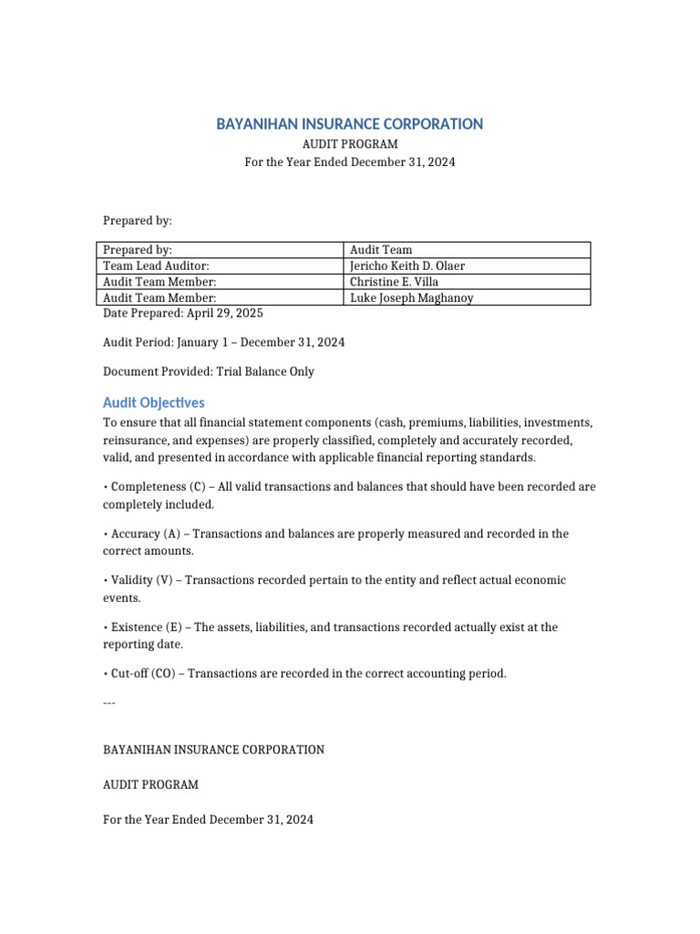 Bayanihan Insurance Audit Program 2024 | PDF | Audit | Insurance