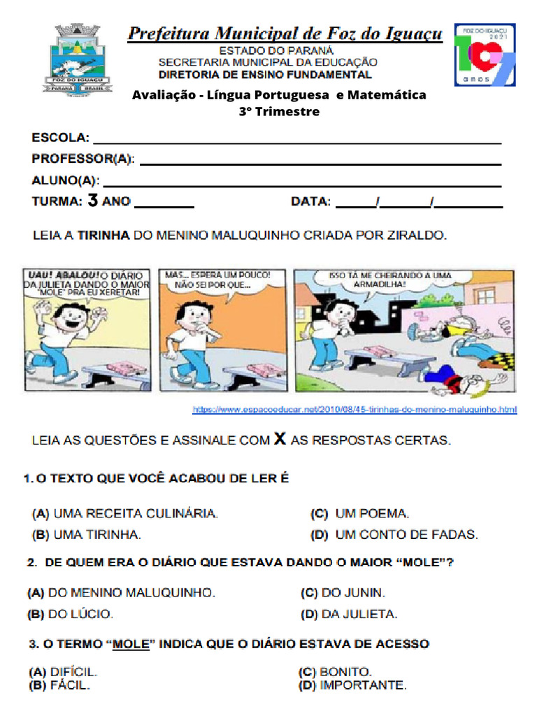 Avaliação de Matemática 3º Ano | PDF