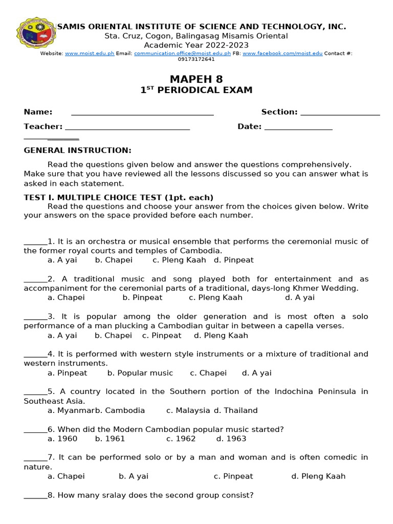 MAPEH 8 Periodical Exam Guide | PDF | Democratic Kampuchea | Cambodia